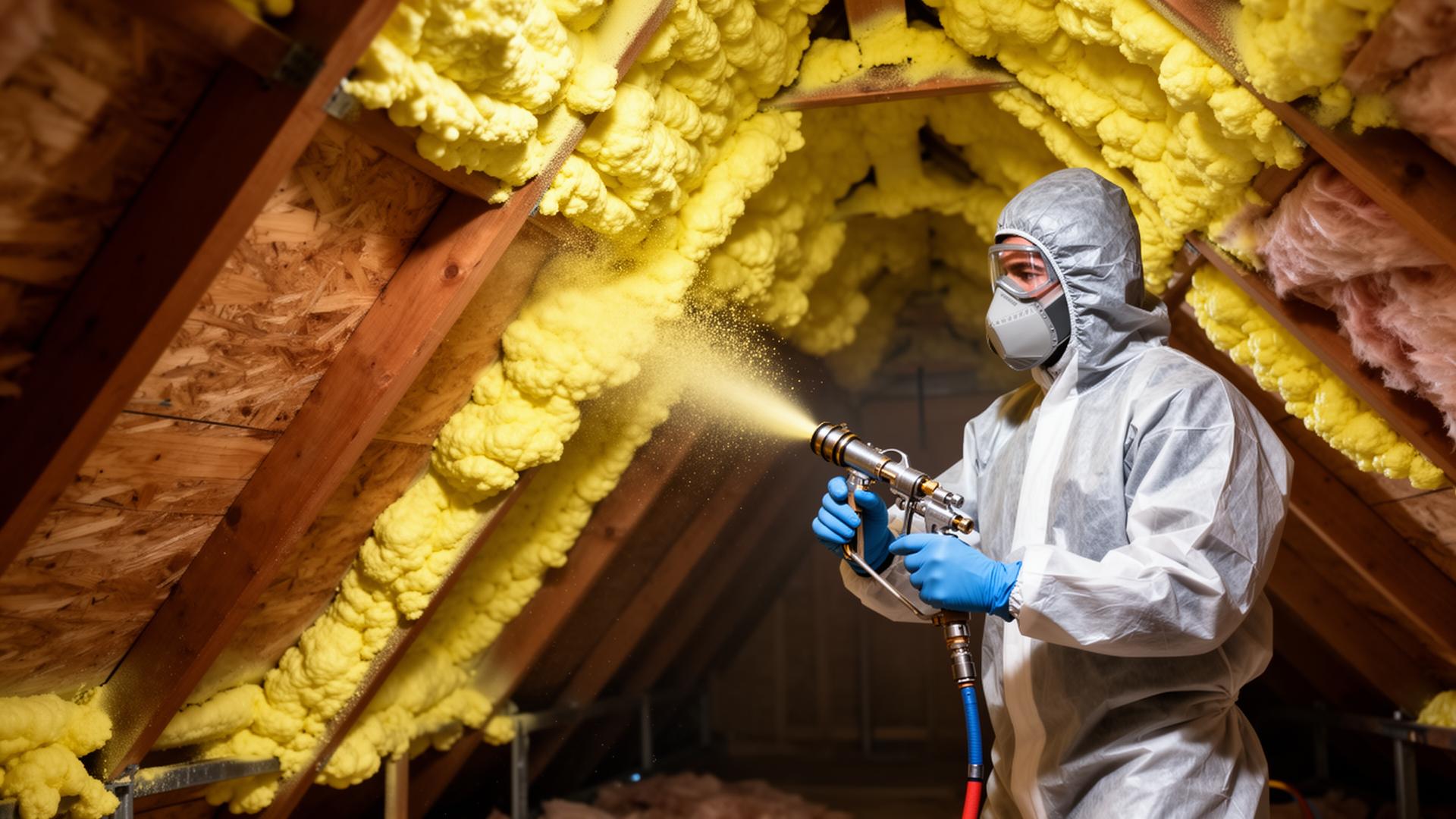 Certified technician applying spray foam insulation in an attic